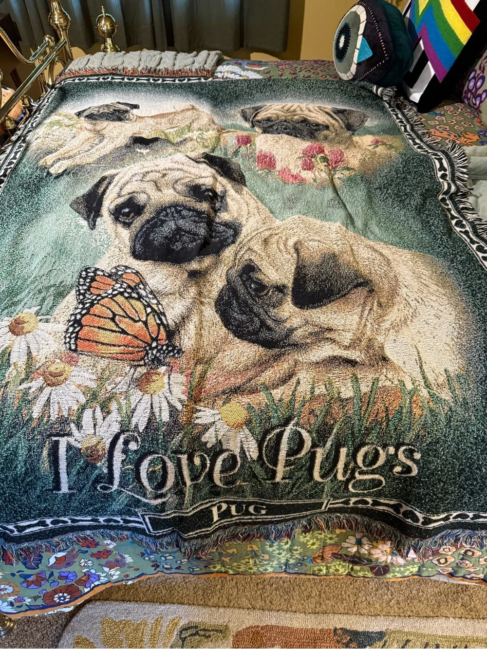 I Love Pugs Green Decorative Dog Blanket by